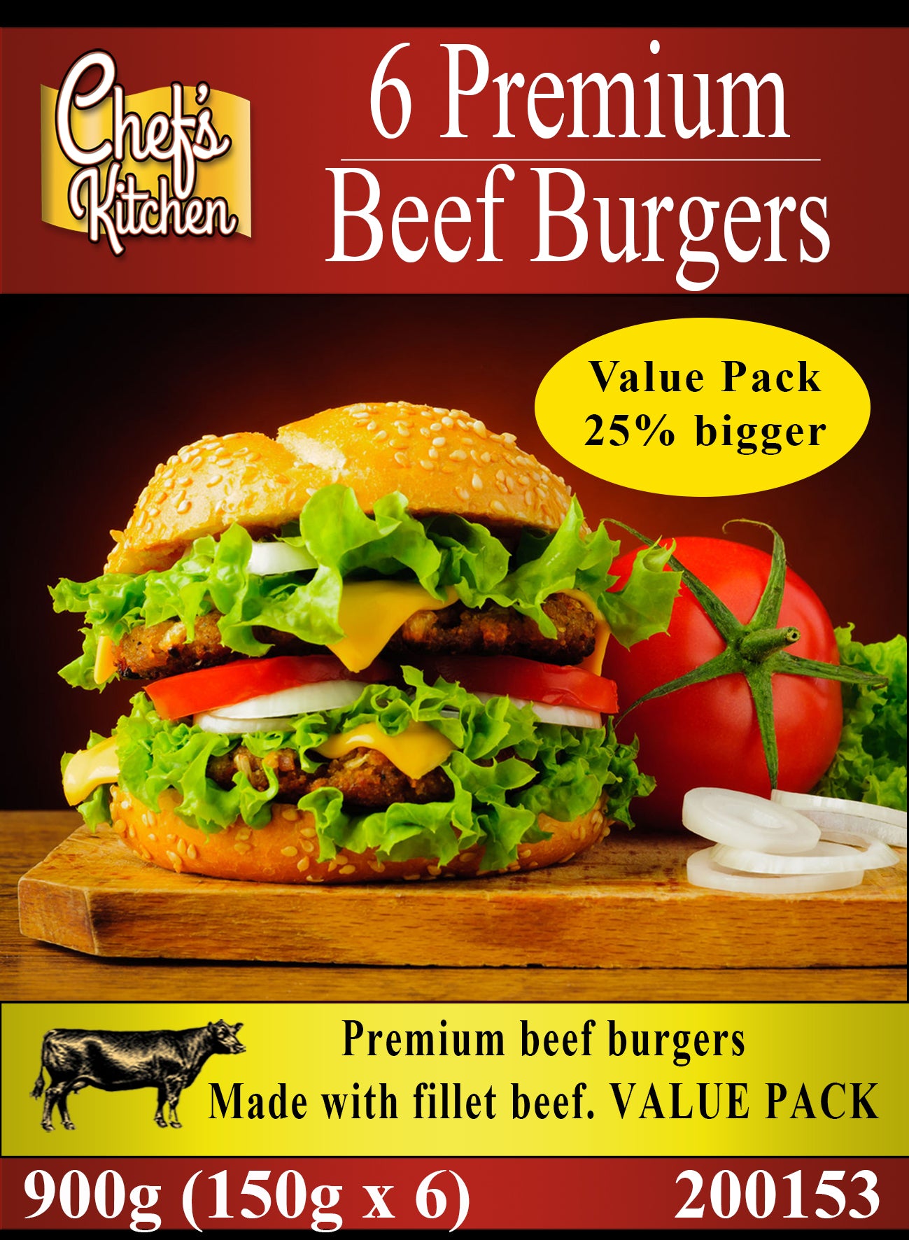 Multipack Premium 150g beef burgers x 6 (900g) EXTRA VALUE