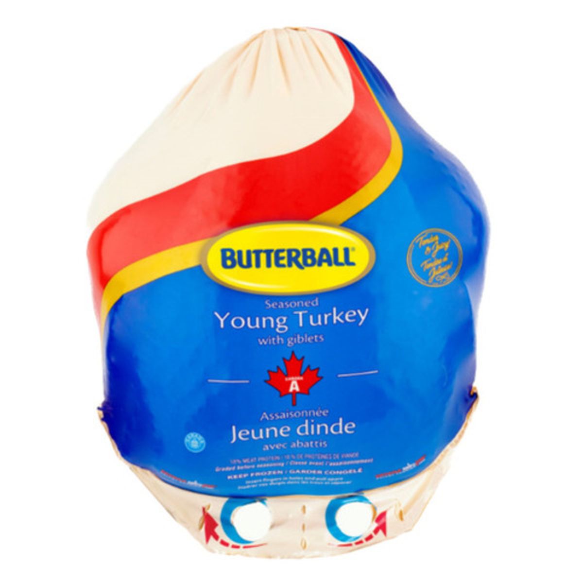 Butterball whole young turkey in red and blue packaging